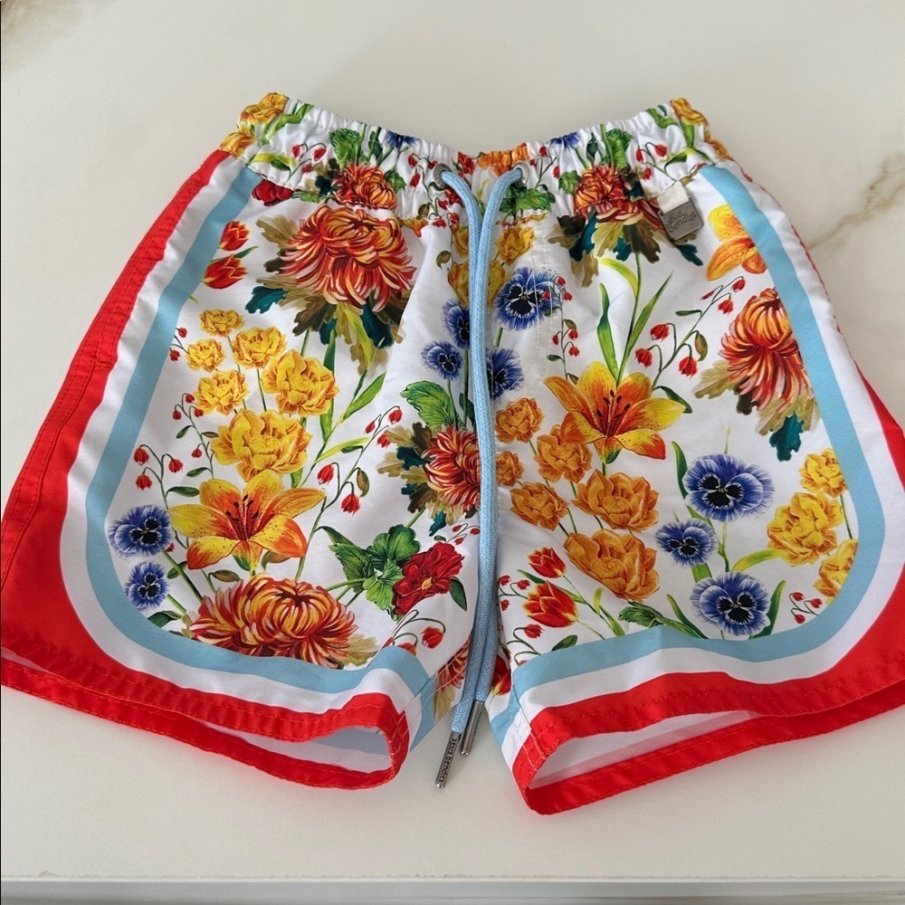 Agua Bendita Floral Swim Shorts with Orange Trim - Picture 3 of 5